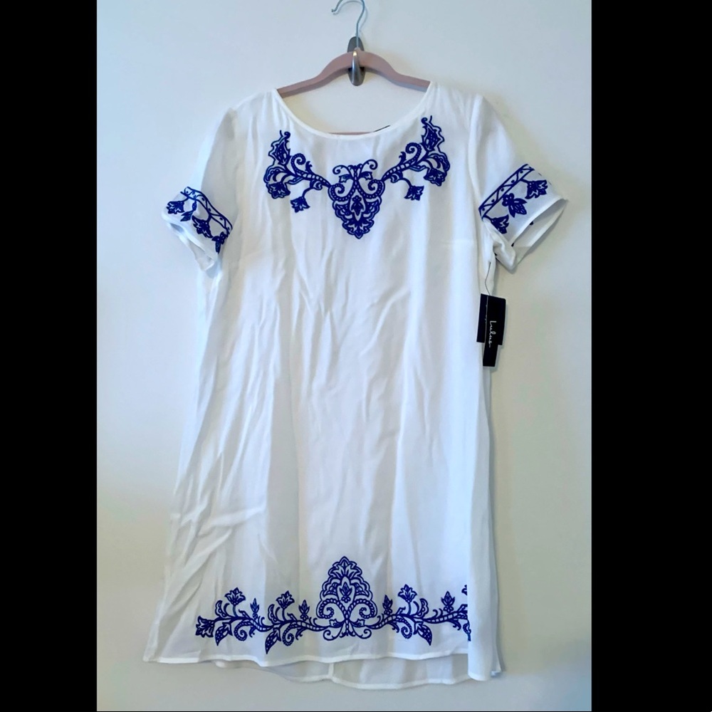 Tale to Tell Blue & Ivory Embroidered Shift Dress